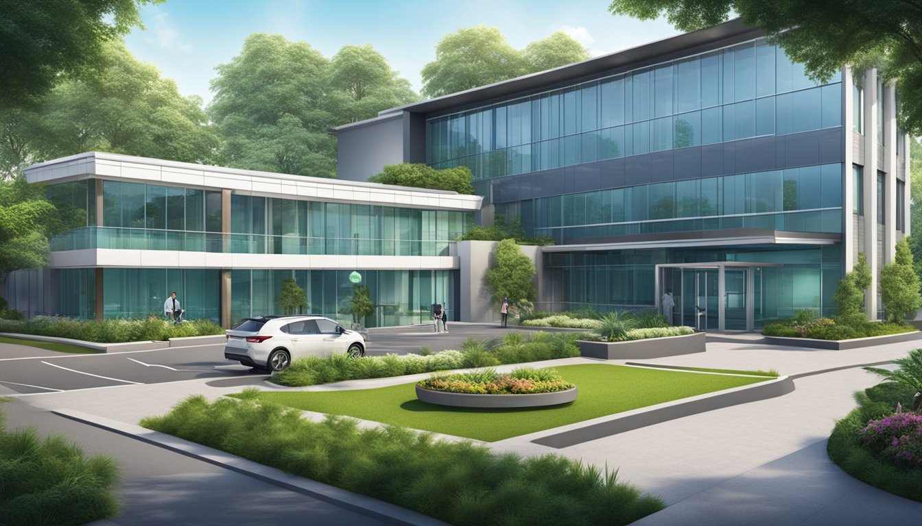 A modern hospital exterior with clear signage, surrounded by lush greenery. The building's facade is clean and well-maintained, with a prominent entrance