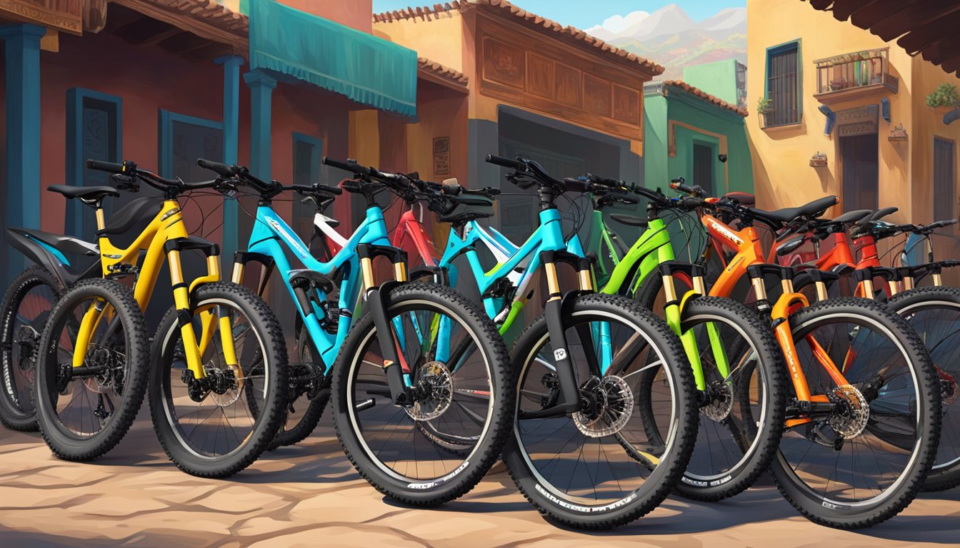 A group of 10 top mountain bikes lined up in a Mexican market setting, showcasing the latest models for 2024