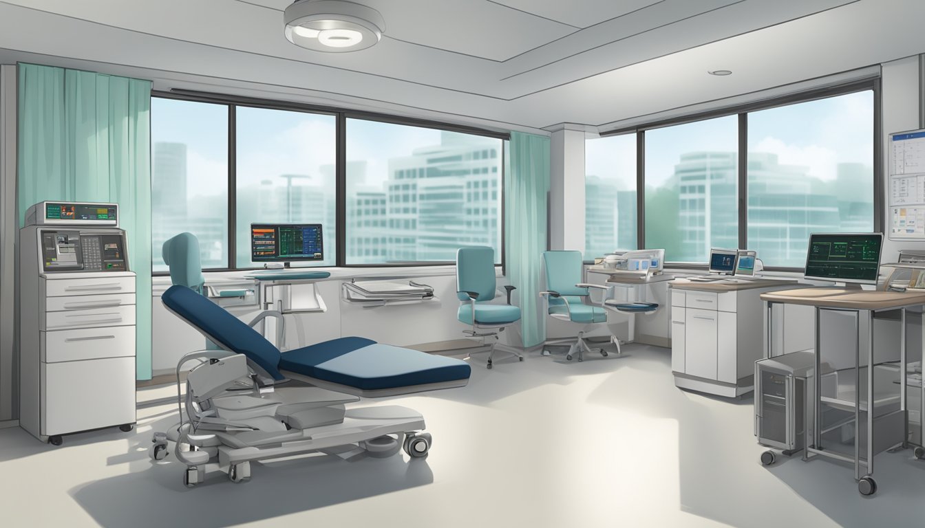A modern hospital room with medical equipment and a computer workstation, displaying the name "Dr Jimmy Gordon Lim Tien Wei - Novena Heart Centre | SG Cardiologist" prominently