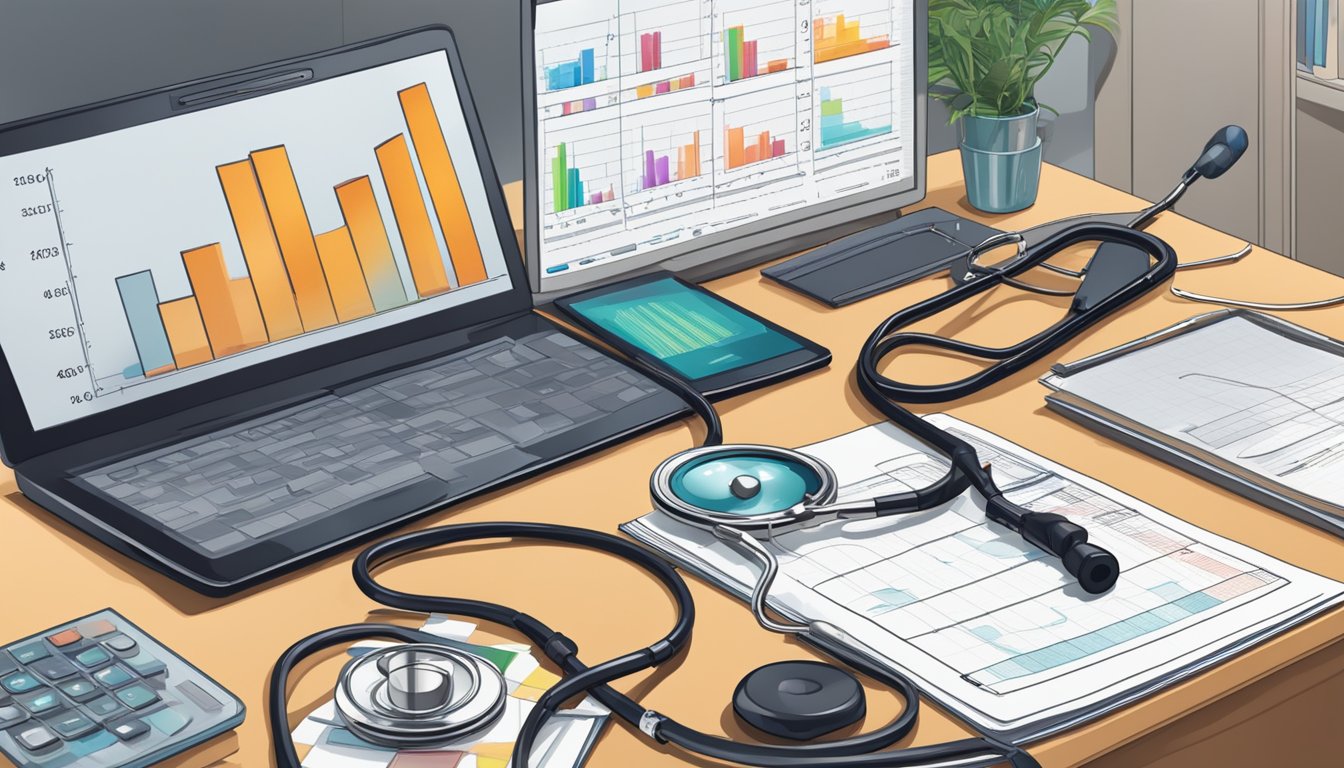 A stethoscope and a heart rate monitor sit on a cluttered desk in a cardiologist's office, surrounded by medical textbooks and charts