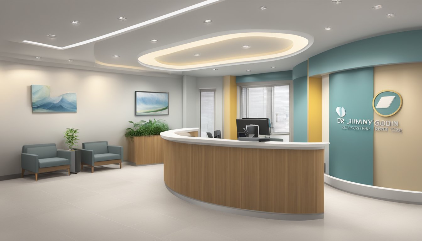 A modern, clean and professional medical office with a reception desk, waiting area, and signage for "Dr Jimmy Gordon Lim Tien Wei - Novena Heart Centre | SG Cardiologist"
