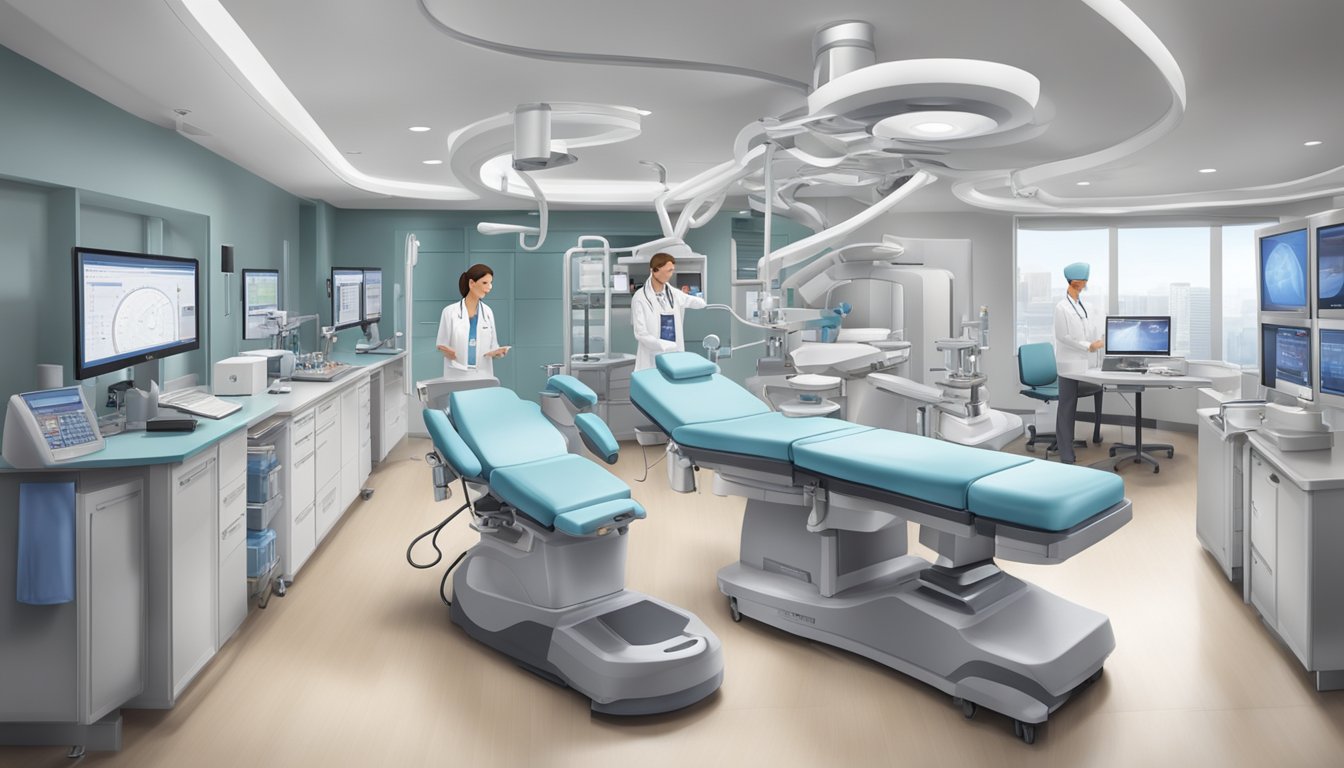 A modern, bustling heart center with state-of-the-art equipment and a team of experienced cardiologists ready to provide top-notch care