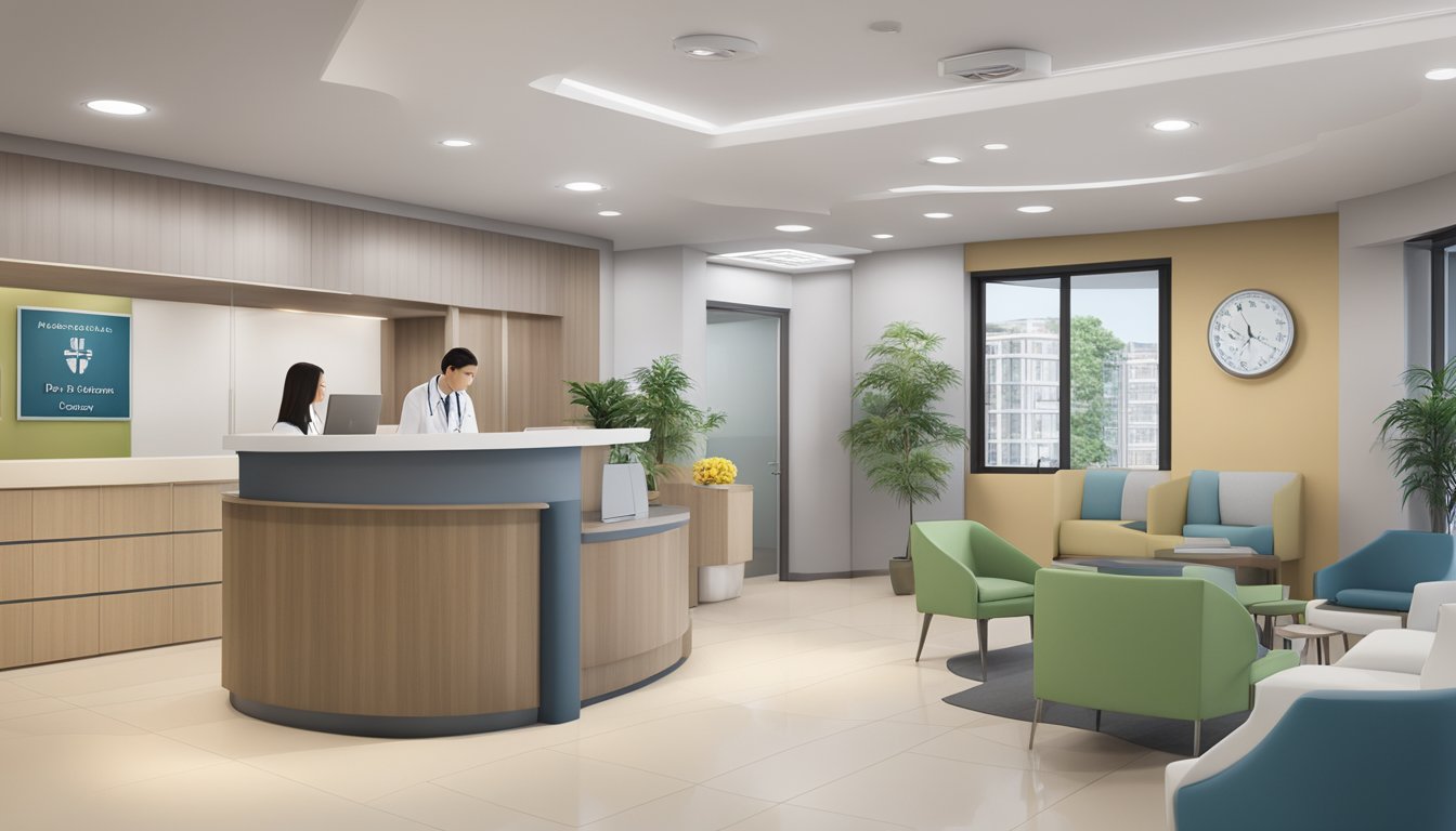 A modern, well-lit medical office with a reception desk, comfortable waiting area, and a sign displaying "Dr Jimmy Gordon Lim Tien Wei - Novena Heart Centre | SG Cardiologist" alongside contact information and operating hours