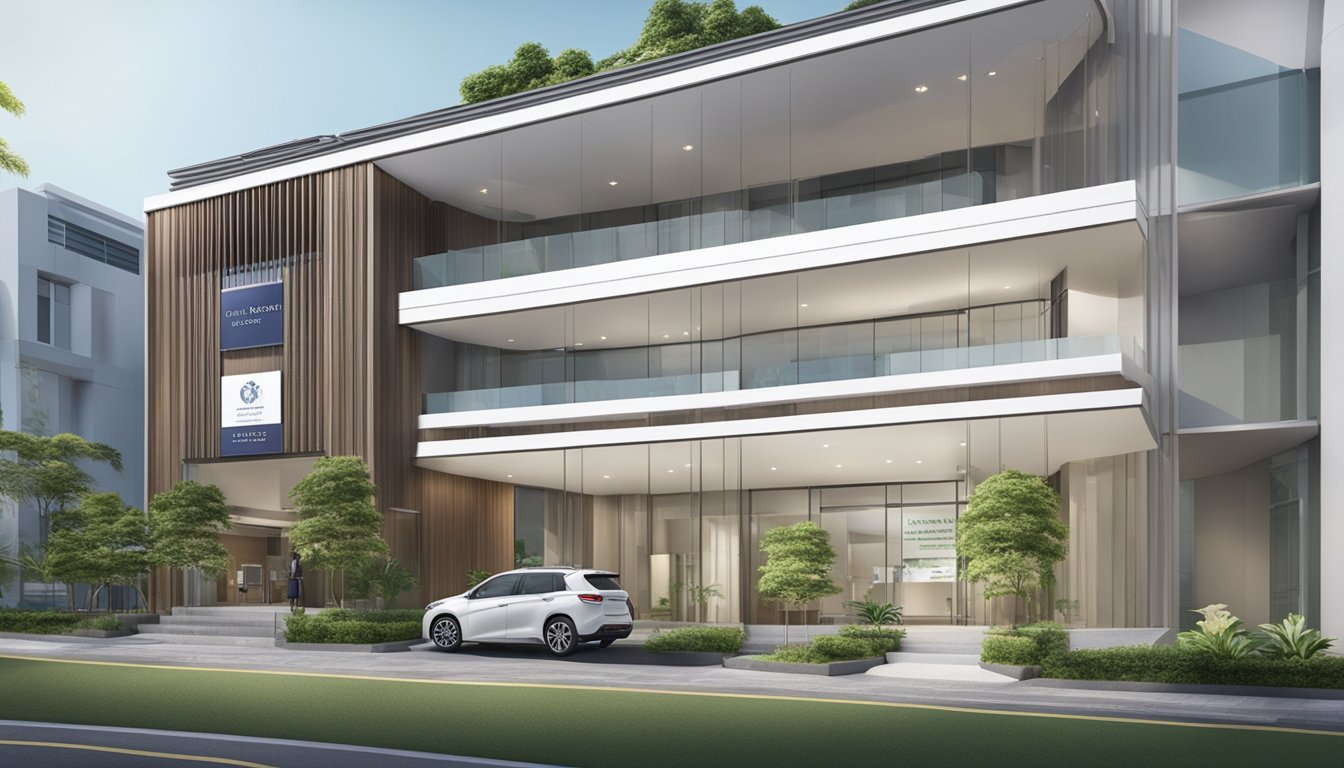 A modern, sleek heart clinic with the name "Dr Kelvin Wong Cheok Keng - Orchard Heart Specialist Clinic | SG Cardiologist" prominently displayed on the front