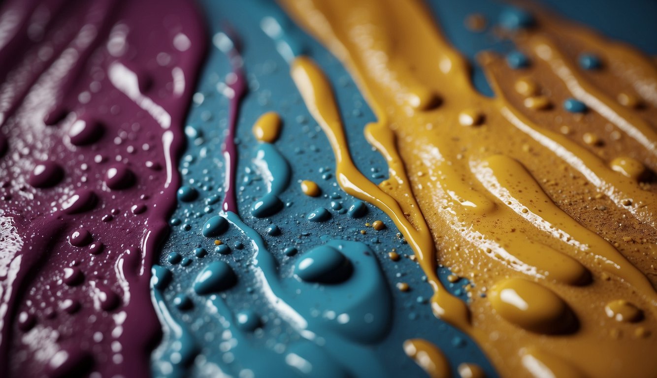 Vibrant colors drip from a paintbrush onto a textured surface, creating a hammered effect with a glossy finish