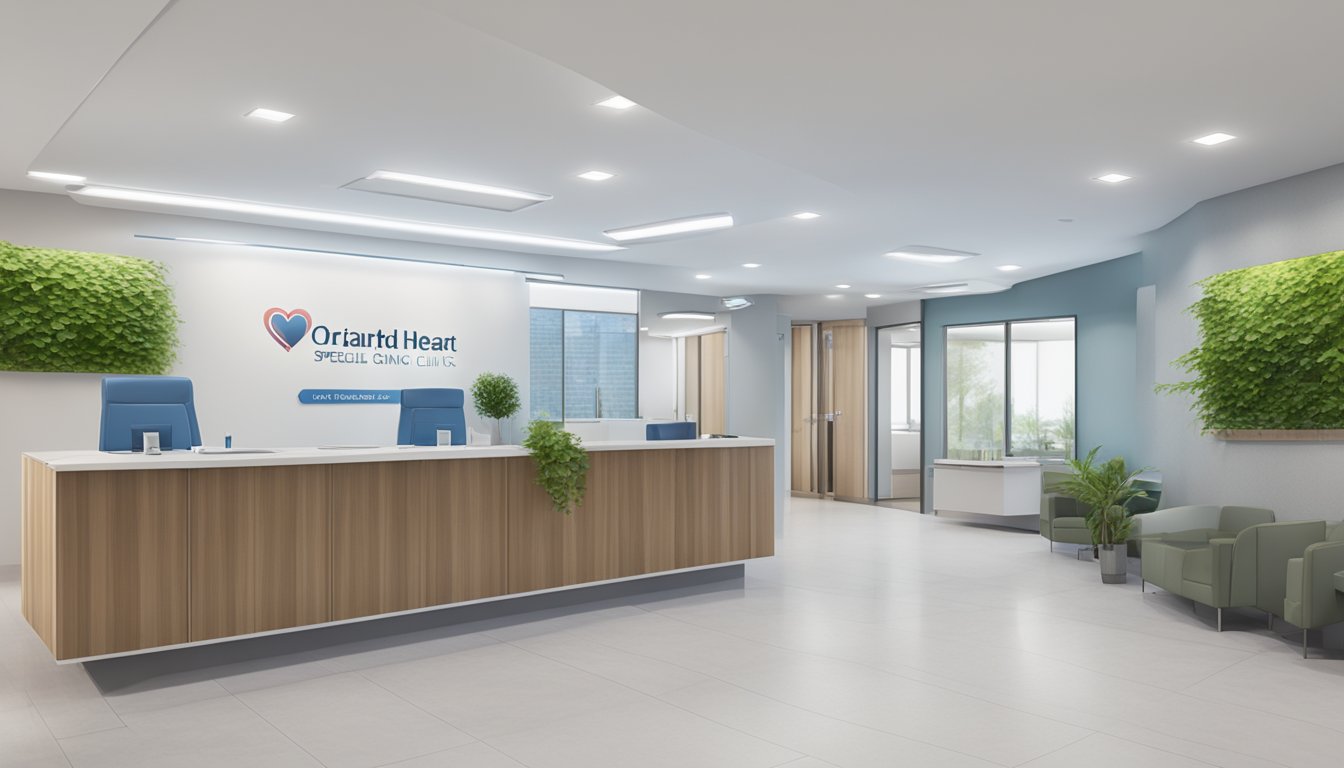 A modern clinic with the name "Orchard Heart Specialist Clinic | SG Cardiologist" and contact information displayed prominently