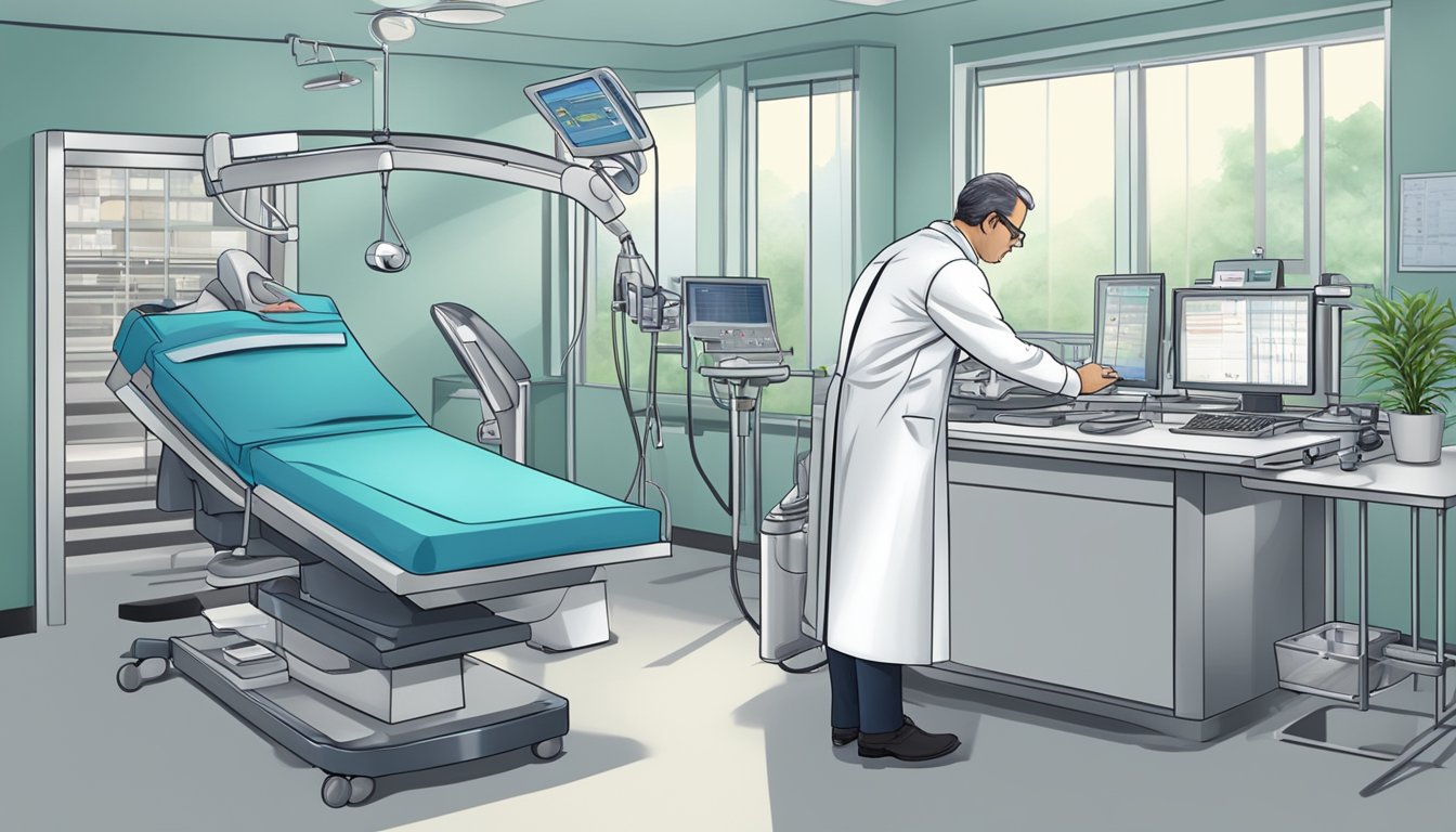 A cardiologist in a hospital setting, with medical equipment and a professional environment