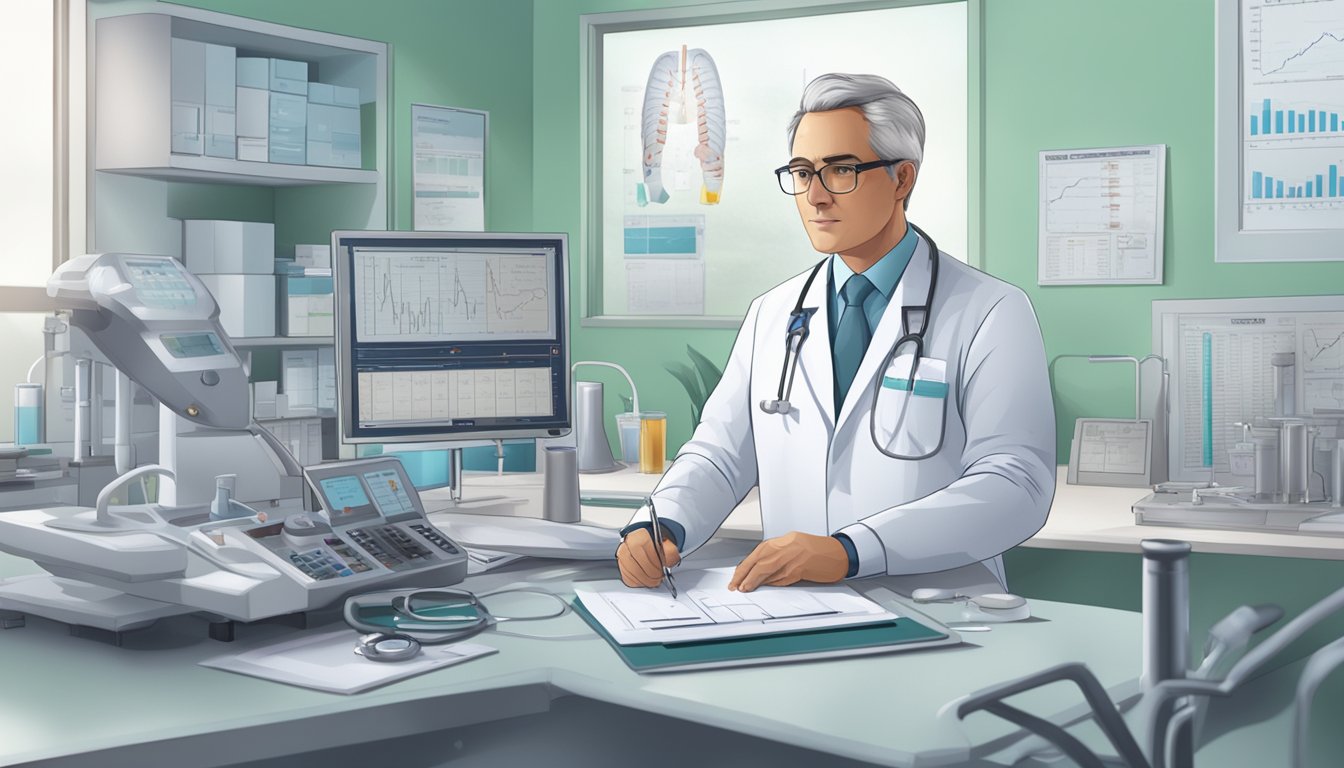 A cardiologist in a hospital setting, surrounded by medical equipment and charts