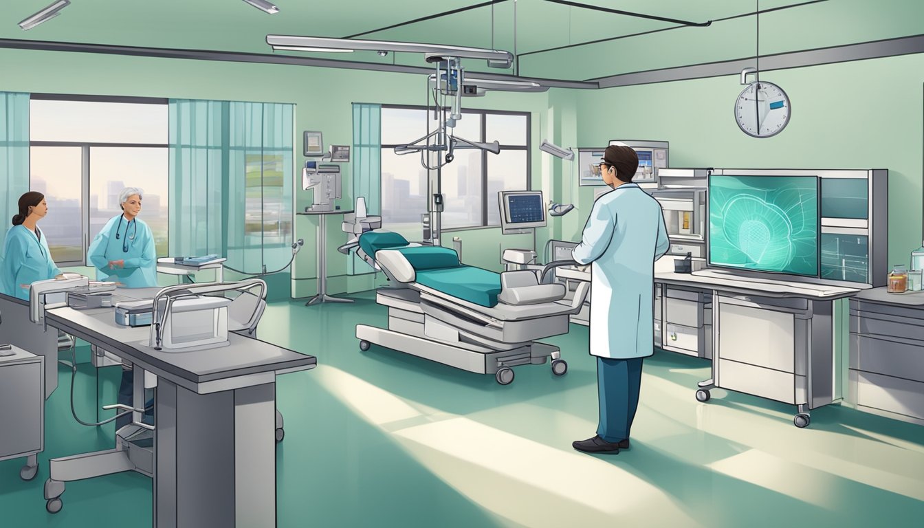 A cardiologist in a hospital setting, with medical equipment and a professional environment