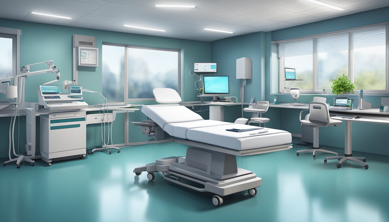 A modern hospital room with medical equipment and a computer workstation, indicating a professional setting for a cardiologist