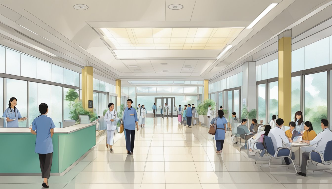 A modern hospital lobby with a prominent sign for Dr. Tan Vern Hsen, a cardiologist at Changi General Hospital. Patients and staff bustling about