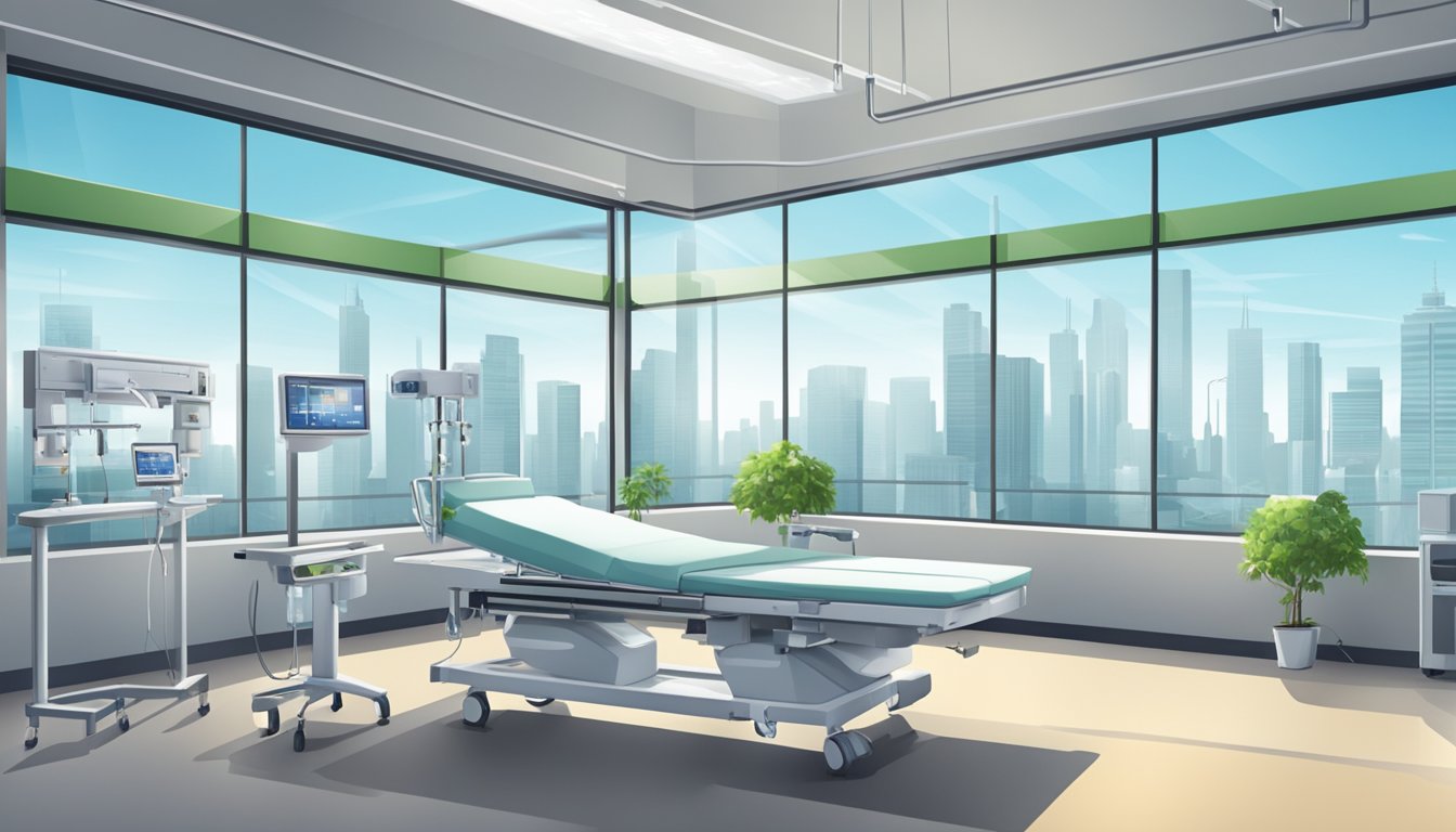 A modern hospital room with medical equipment and a view of the city skyline through a large window
