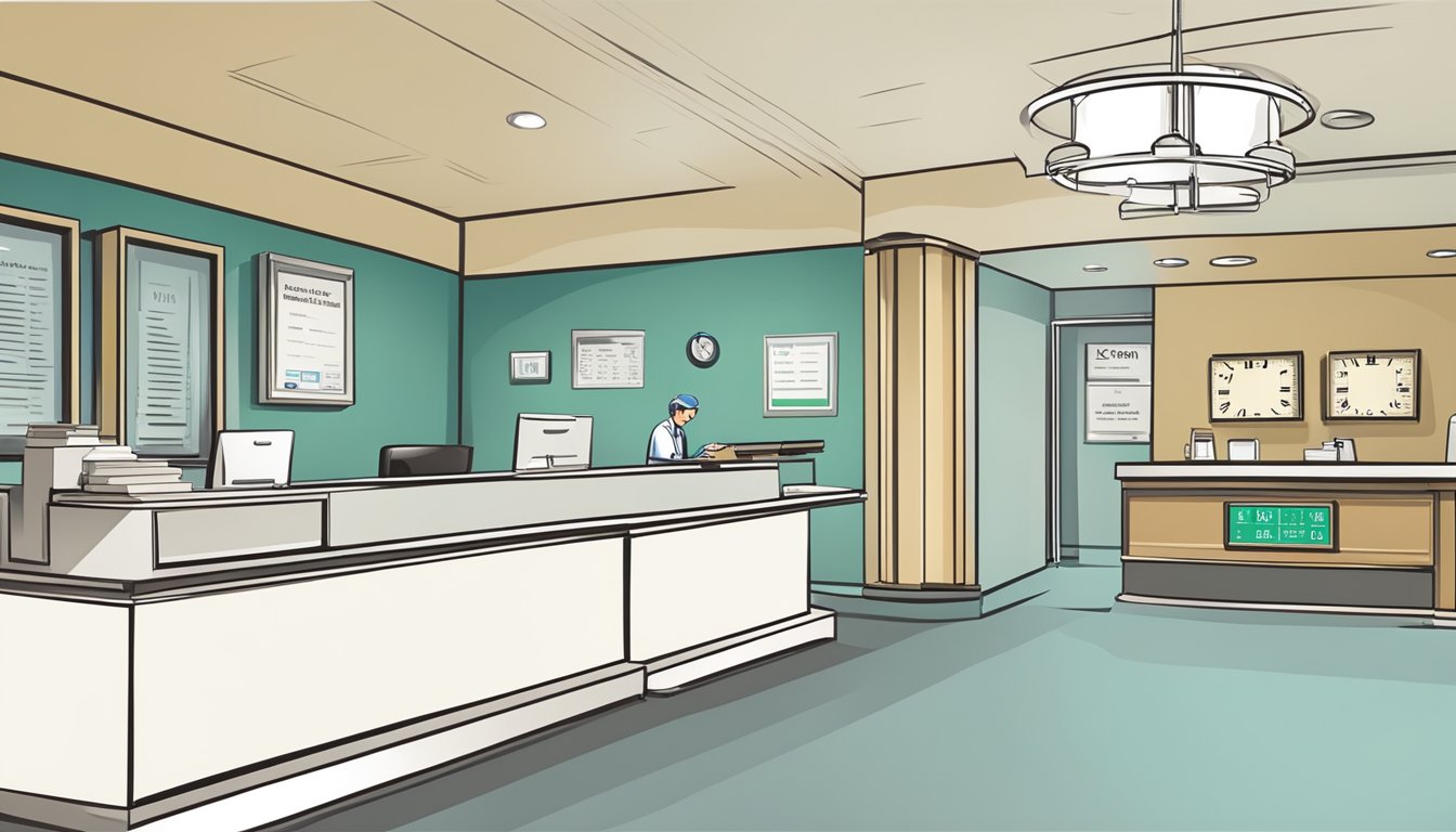 A doctor's name card and a clock showing operating hours at a hospital reception desk