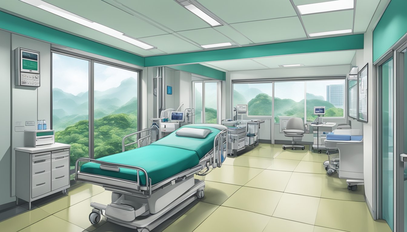 A modern hospital room with Dr. Tham Lai Peng's name on the door, medical equipment, and a view of the Dbs Mount Elizabeth Hospital in Singapore