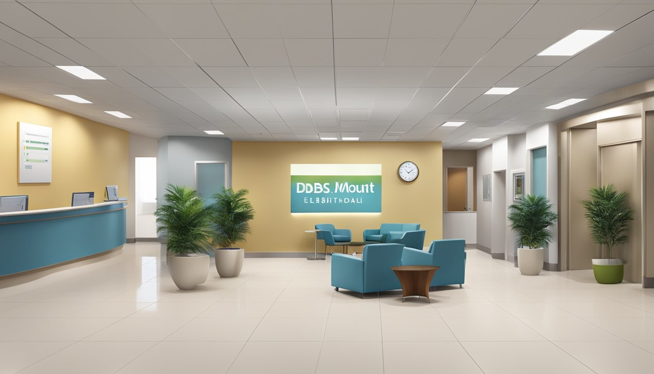A modern hospital lobby with a prominent sign for Dbs Mount Elizabeth Hospital. A sleek and professional atmosphere with comfortable seating and a sense of calm