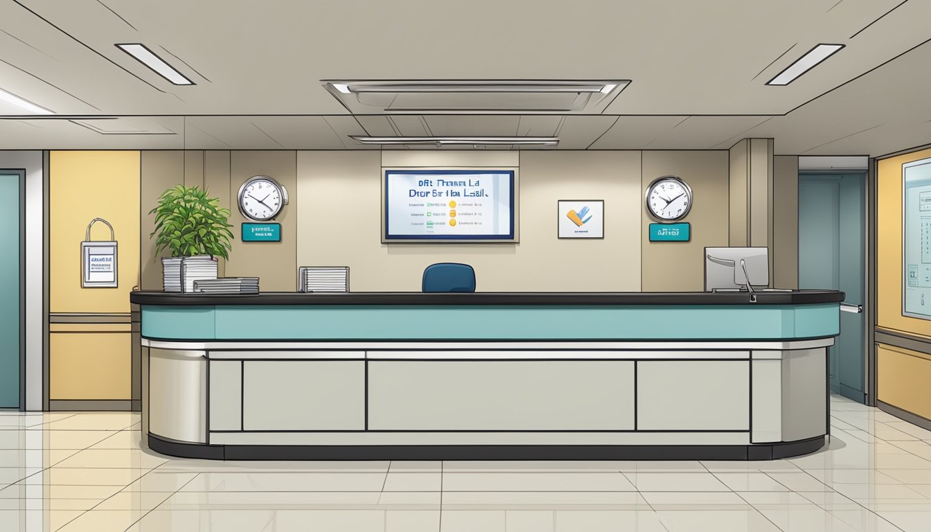 A hospital reception desk with a sign reading "Dr Tham Lai Peng - Dbs Mount Elizabeth Hospital | SG Cardiologist" and a clock showing the operating hours
