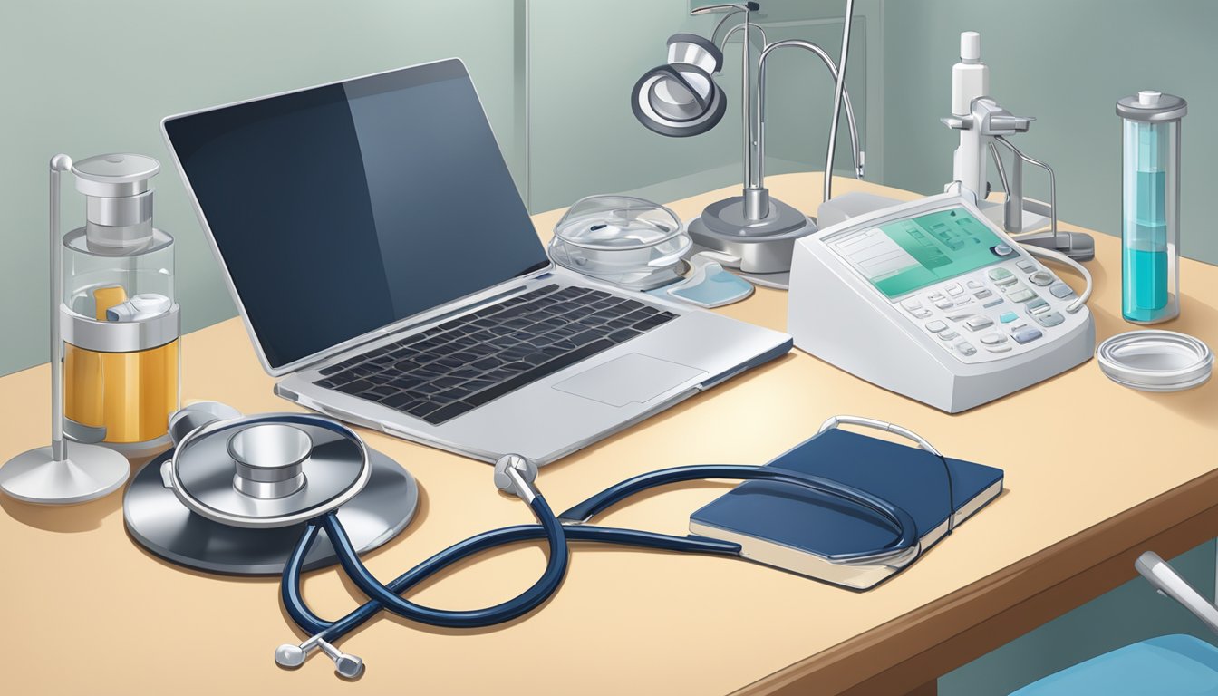 A stethoscope and medical equipment on a desk in a hospital room, with a white coat hanging on a chair, representing Dr. Zhu Ling, a cardiologist at Singapore General Hospital