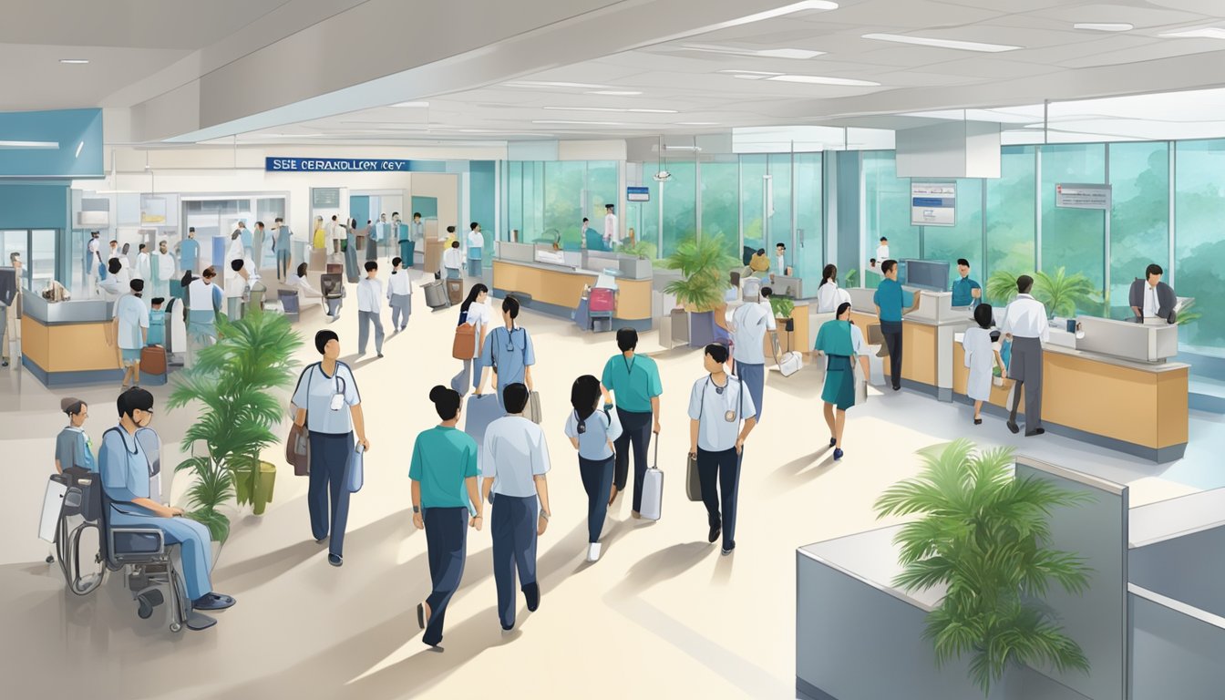 A bustling hospital lobby with a prominent sign for Cardiology Department at Singapore General Hospital. Busy staff and patients moving through