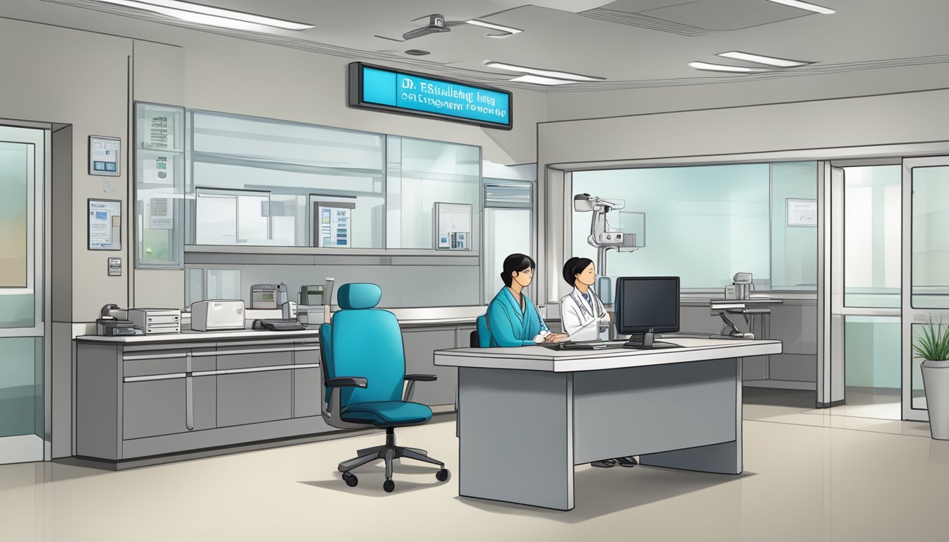A modern hospital setting with a desk, computer, and a sign displaying "Dr Zhu Ling - SG Cardiologist" with operating hours