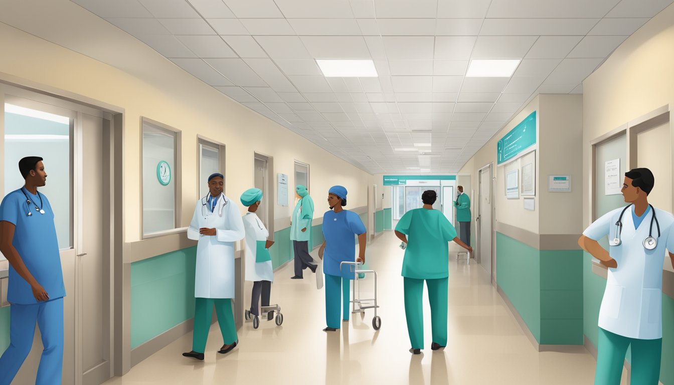 A bustling hospital hallway with signage for Dr. Abdul Razakjr Bin Omar's Specialist Care Group at Mount Elizabeth Hospital