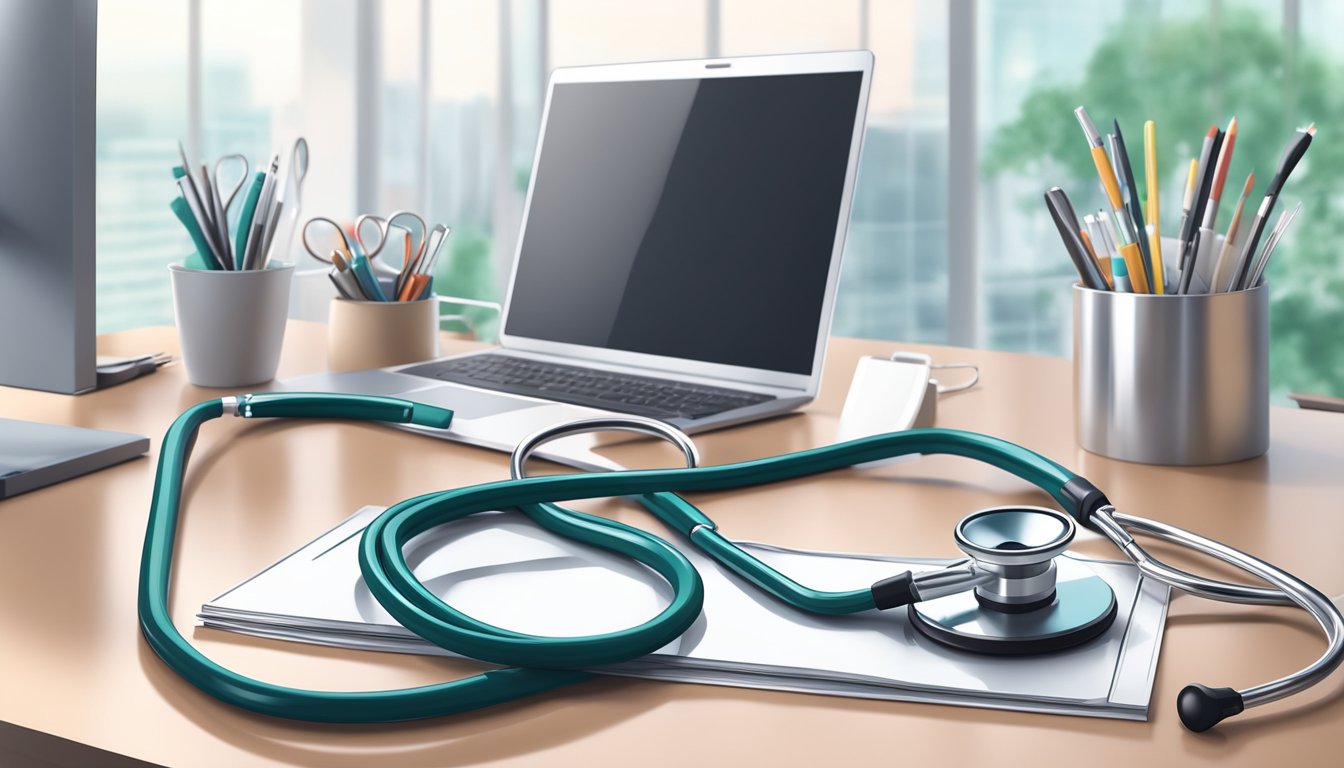 A stethoscope and medical equipment on a clean, organized desk in a modern hospital office