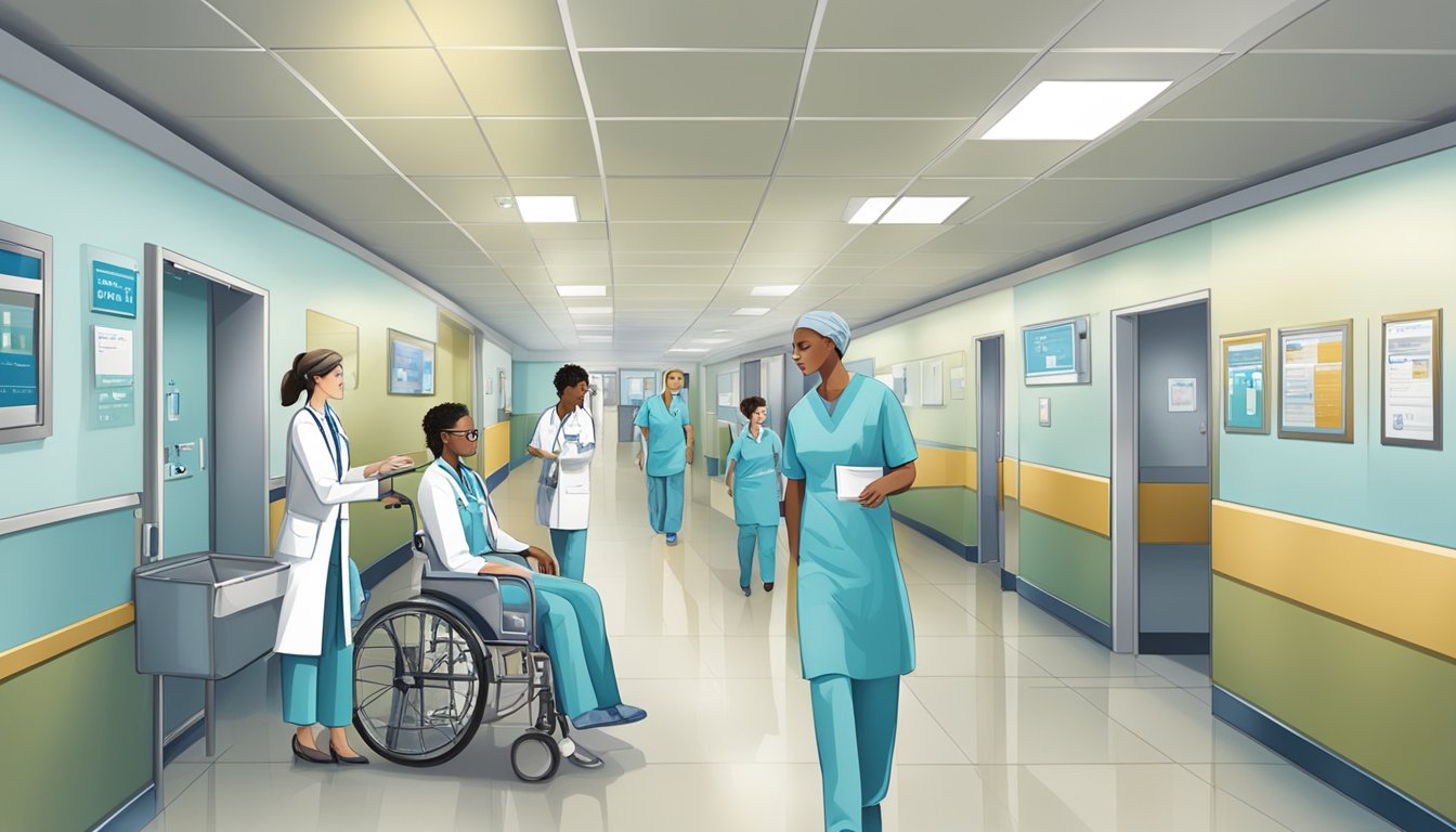 A busy hospital hallway with signage for Specialist Care Group and Mount Elizabeth Hospital, conveying a professional and bustling medical environment