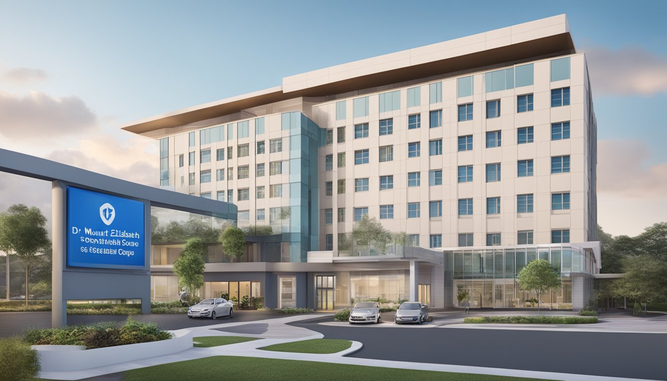 A modern hospital with a sign for Specialist Care Group @ Mount Elizabeth Hospital, showcasing advanced cardiology services by Dr Abdul Razakjr Bin Omar