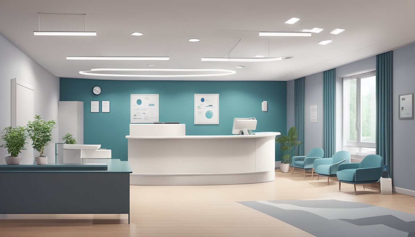 A modern, clean and professional clinic interior with a reception desk, comfortable seating, and medical equipment