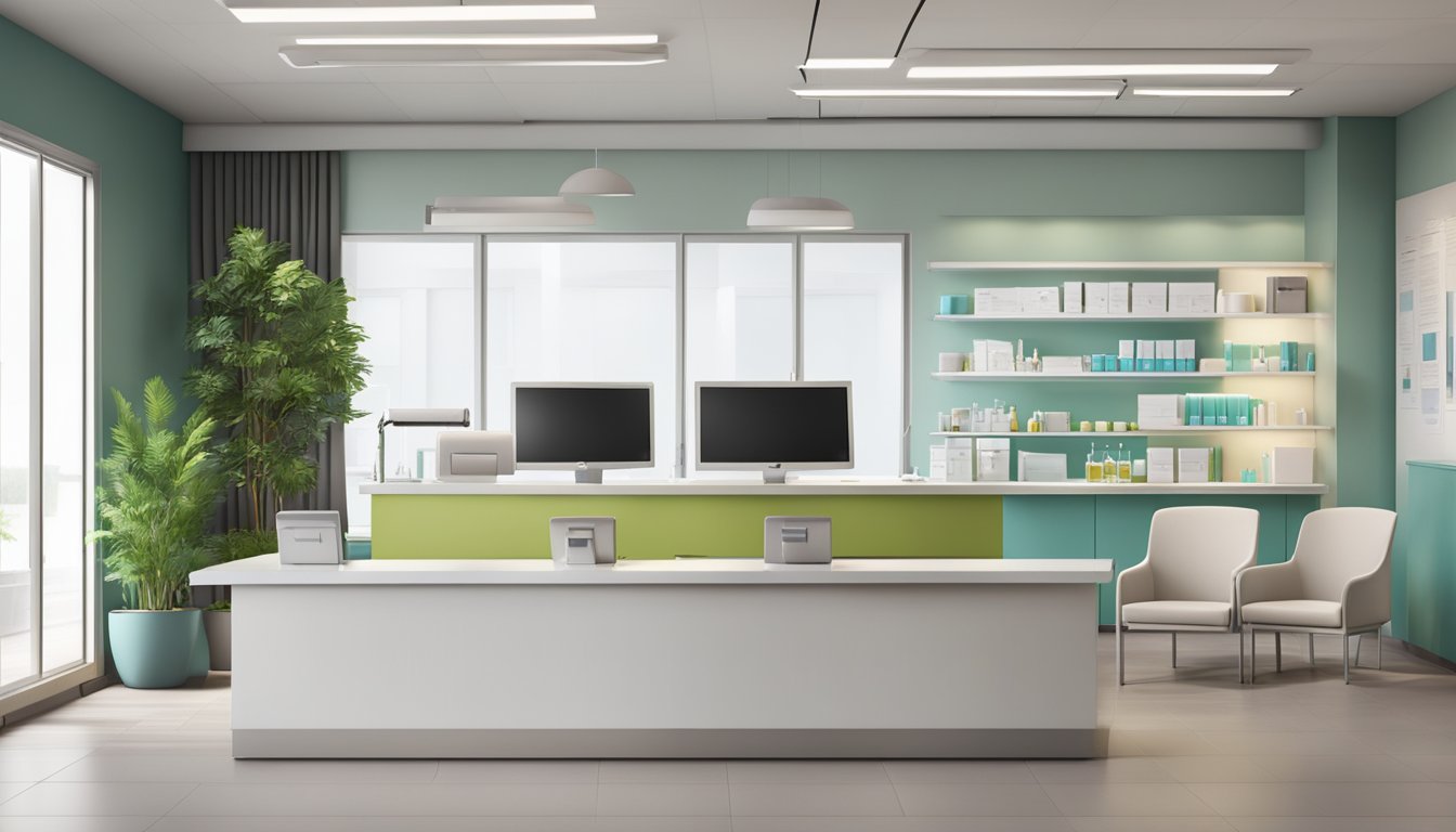 A modern clinic with a welcoming reception area, state-of-the-art medical equipment, and comfortable consultation rooms