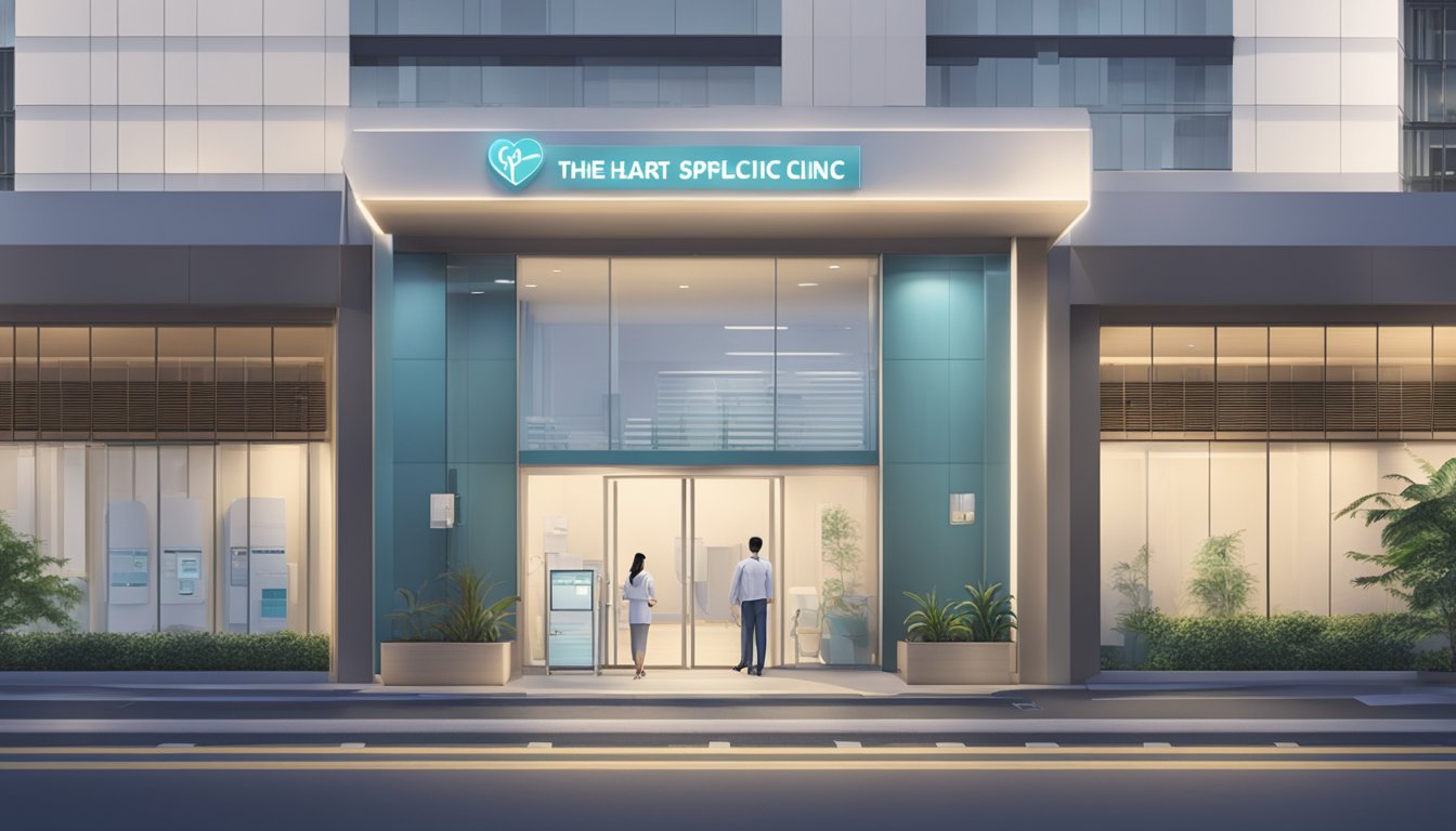 A modern clinic exterior with clear signage, indicating "The Heart Specialist Clinic Pte Ltd". The surrounding area is well-lit, suggesting operating hours