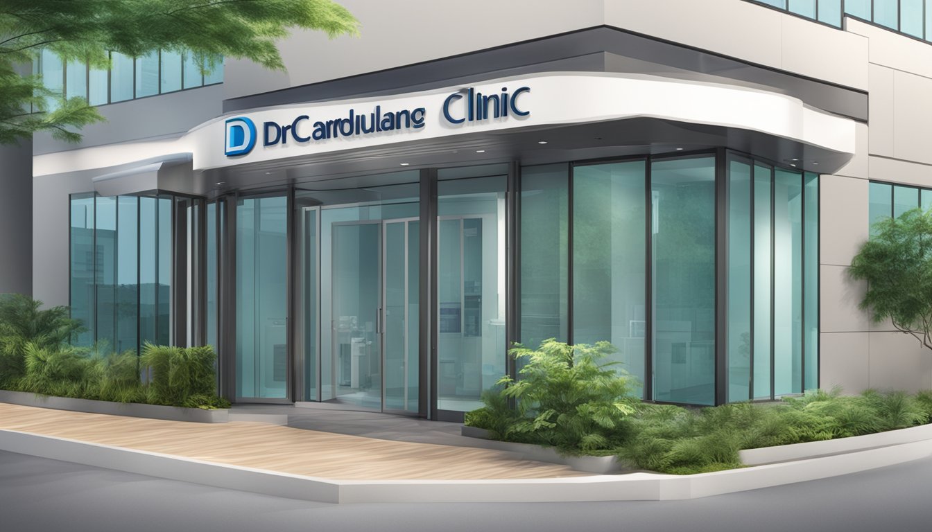 A modern, sleek clinic exterior with the sign "Dr Eric Silvio Chong - ESC Cardiovascular & Medicine Clinic | SG Cardiologist" prominently displayed