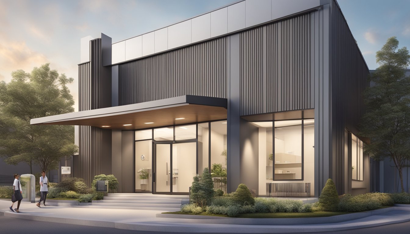 The clinic's modern exterior with a welcoming entrance and clear signage. A calm and professional atmosphere inside with state-of-the-art medical equipment and comfortable waiting area