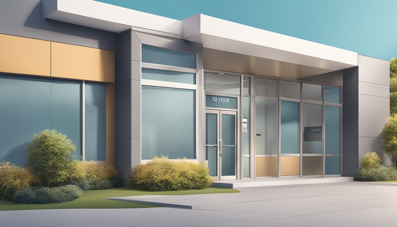 A modern clinic exterior with clear signage, open doors, and visible operating hours displayed