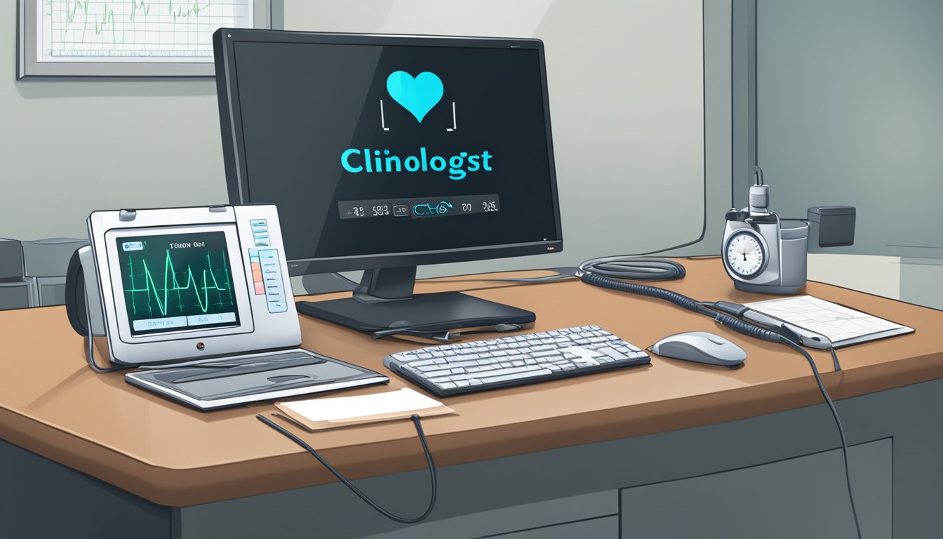 A stethoscope and a heart rate monitor sit on a desk next to a computer displaying a cardiologist's name and clinic logo