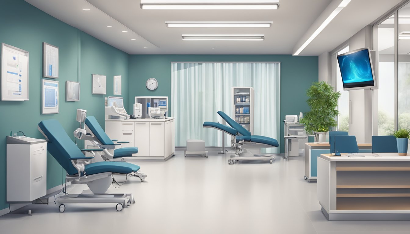 A modern, well-equipped cardiology clinic with a welcoming reception area, consultation rooms, and state-of-the-art medical equipment