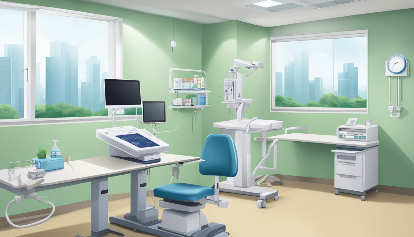 A modern clinic room with medical equipment and a desk, labeled "Dr Chia Pow-Li - Clinic 3A – Tan Tock Seng Hospital | SG Cardiologist"