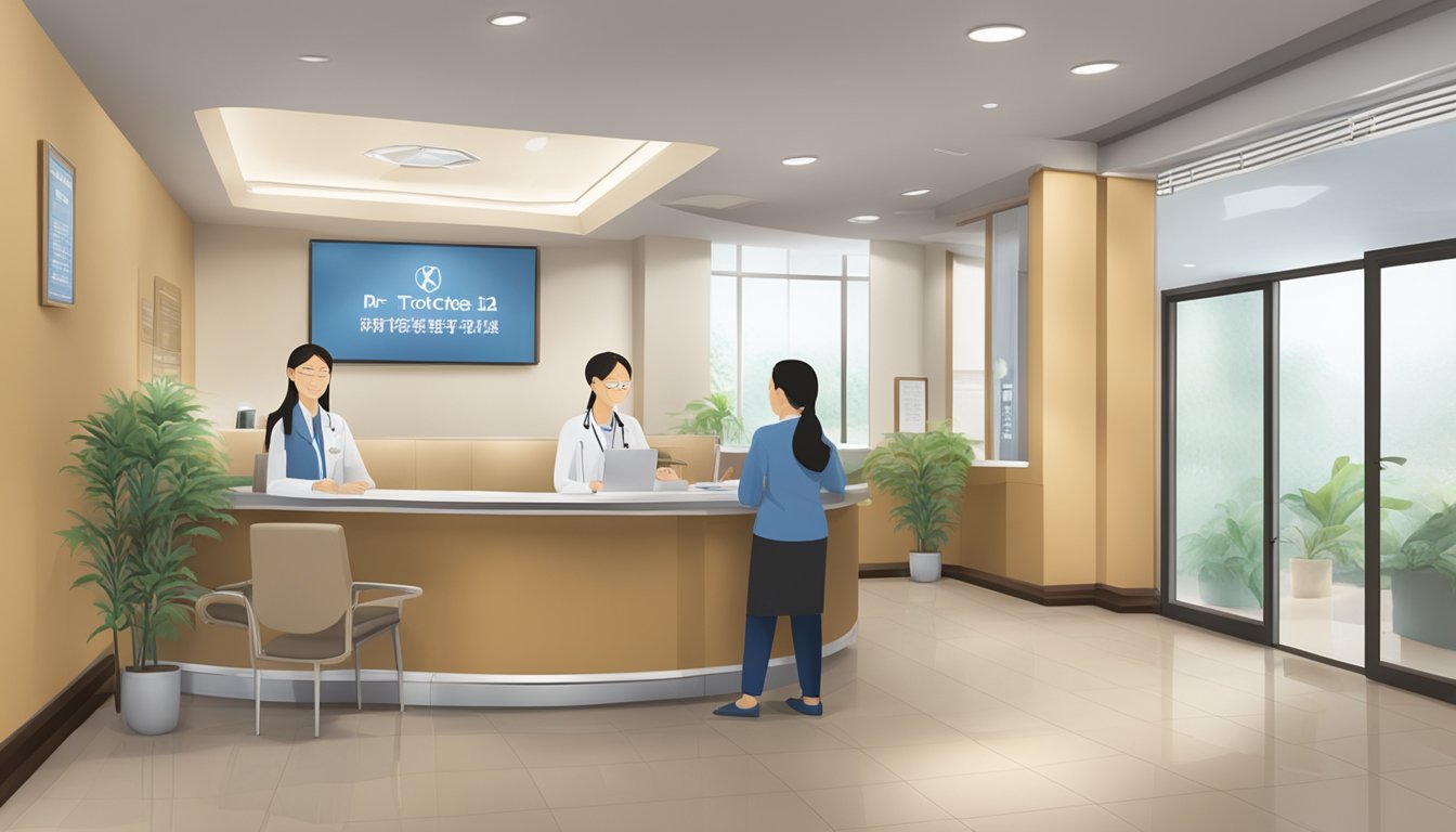 A welcoming waiting area with comfortable chairs, soothing lighting, and a friendly receptionist. A sign prominently displays "Clinic 3A – Tan Tock Seng Hospital" and "Cardiologist Dr Chia Pow-Li."