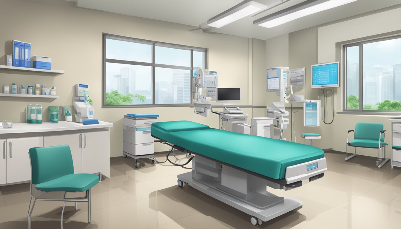 A modern clinic room with medical equipment and a desk, labeled "Dr Foo Chee Guan David - Clinic 3A – Tan Tock Seng Hospital | SG Cardiologist"