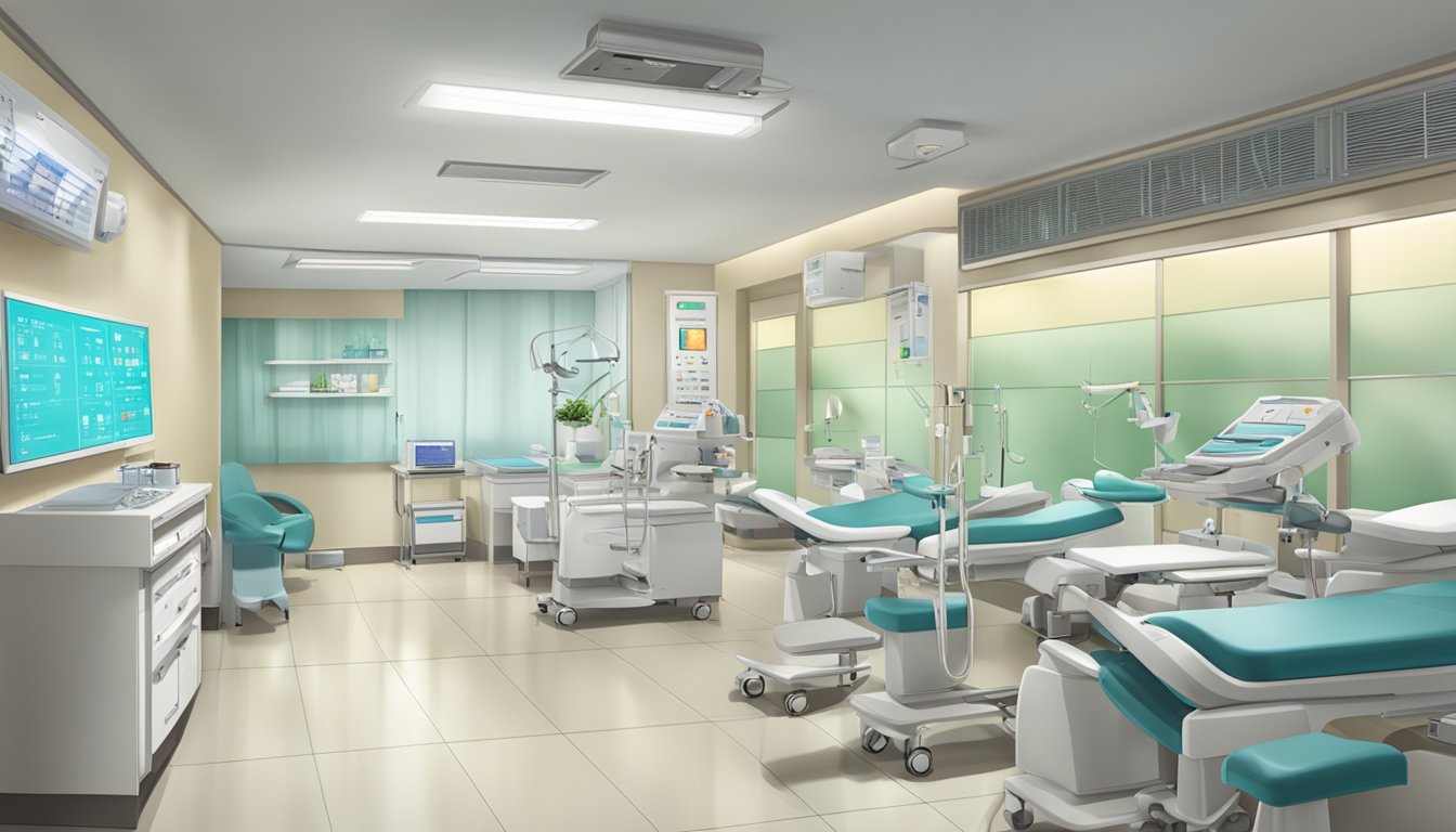 A modern clinic interior with medical equipment and signage for Dr. Foo Chee Guan David at Tan Tock Seng Hospital