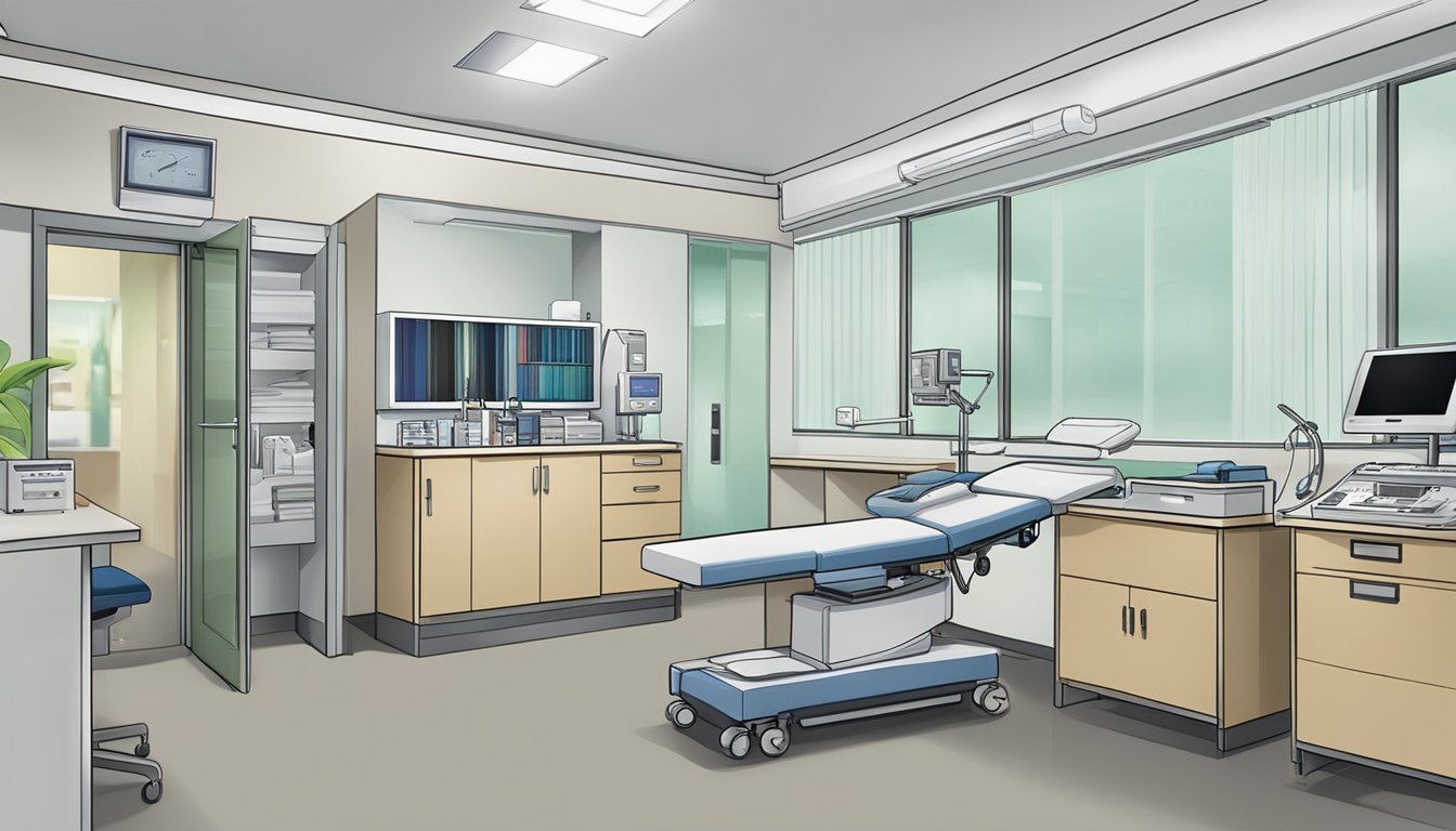 A modern clinic room with medical equipment and a desk, bearing the name "Dr Foo Chee Guan David - Clinic 3A – Tan Tock Seng Hospital | SG Cardiologist."