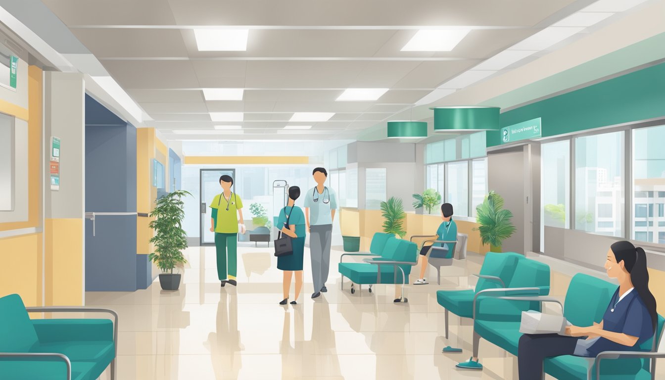 A bustling hospital lobby with a prominent sign for Clinic 3A at Tan Tock Seng Hospital. Bright and clean with a sense of urgency and professionalism