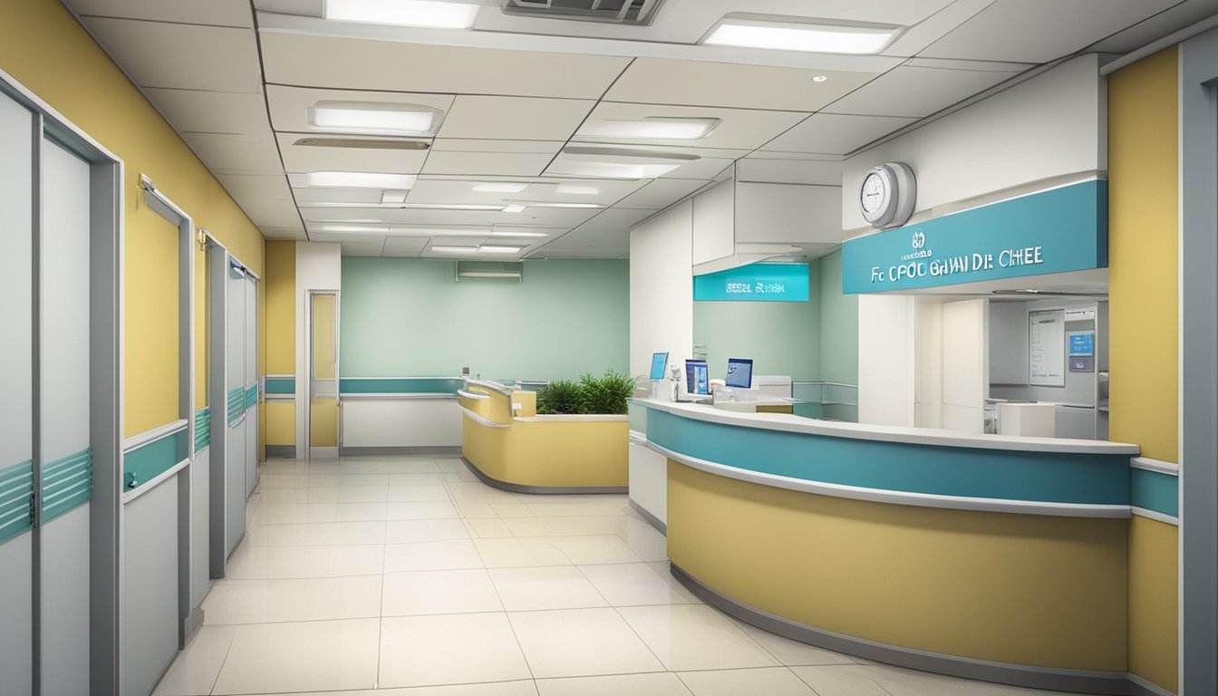 A bright and modern hospital clinic with the name "Dr Foo Chee Guan David - Clinic 3A" prominently displayed, located within Tan Tock Seng Hospital. Operating hours and contact information are clearly visible