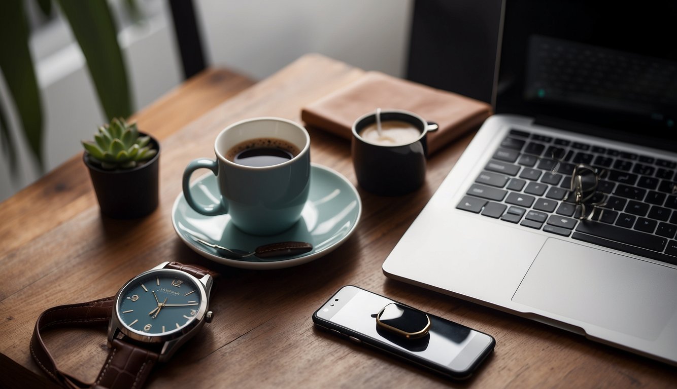 A sleek desk with a laptop, coffee mug, and stylish accessories like a watch, necklace, and leather tote bag Work-Outfits-Ideas-for-Women (1)