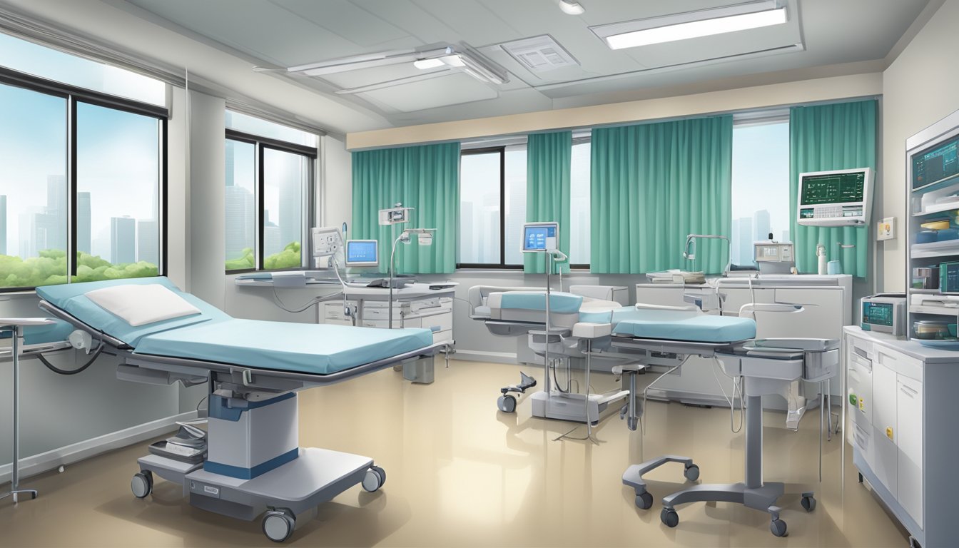 A modern hospital room with medical equipment and a desk labeled "Dr Yong Quek Wei - Clinic 3A - Tan Tock Seng Hospital | SG Cardiologist."