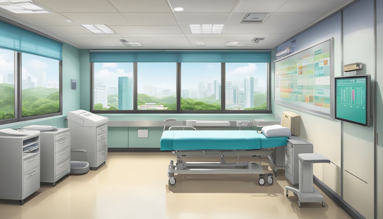 A bright, modern clinic room at Tan Tock Seng Hospital, with a sign for Dr. Yong Quek Wei, SG Cardiologist, and operating hours displayed prominently