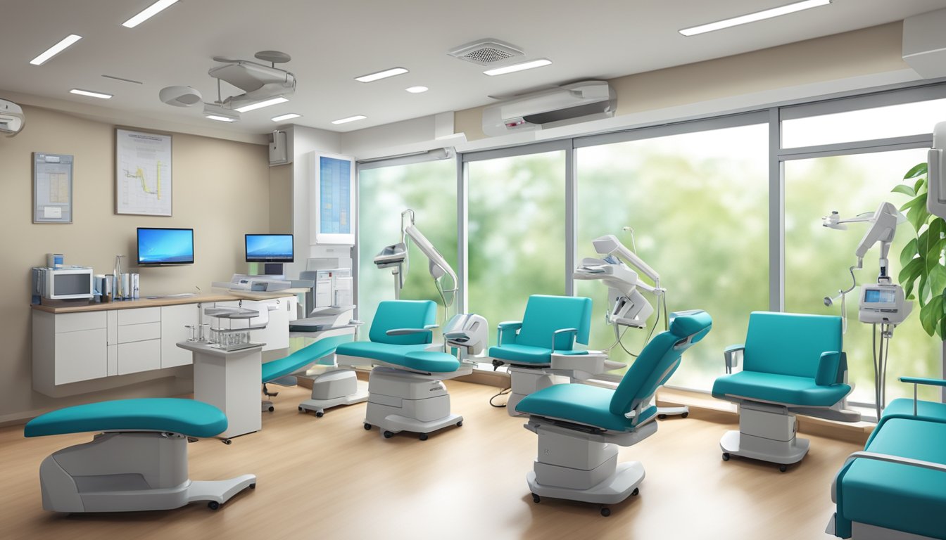 A bright and modern cardiologist's office at Tan Tock Seng Hospital, with medical equipment and comfortable seating