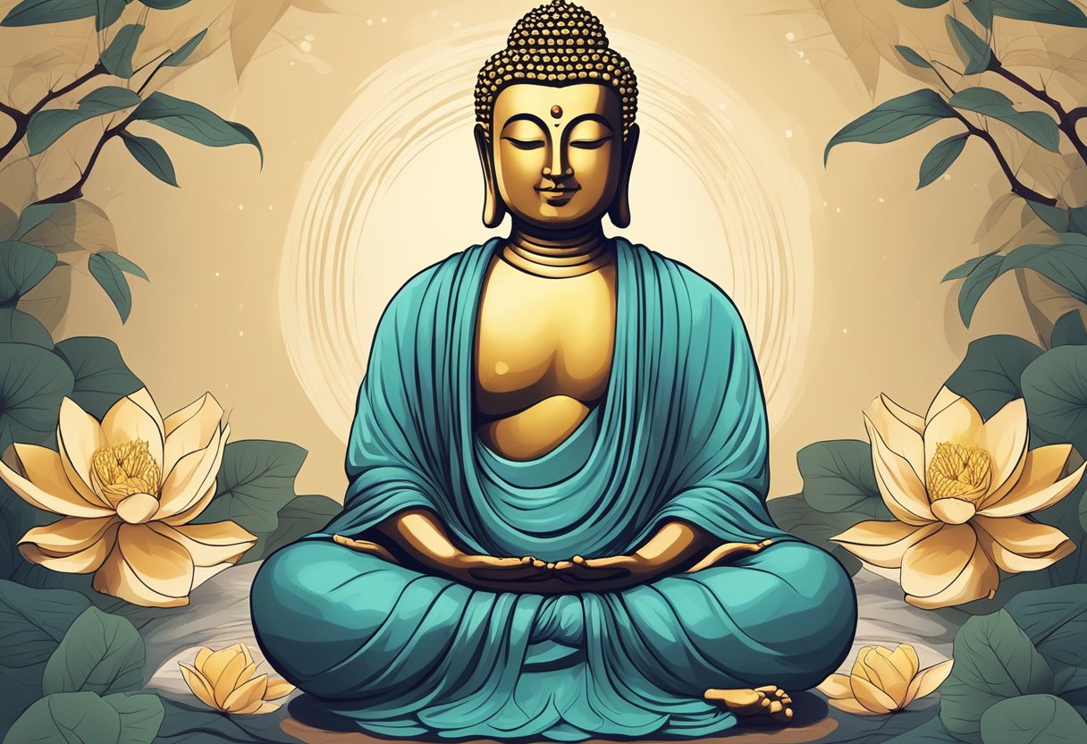 The Buddha sits in lotus position, eyes closed, with a serene expression. His hands are in the gesture of meditation. Around him, nature is calm and peaceful