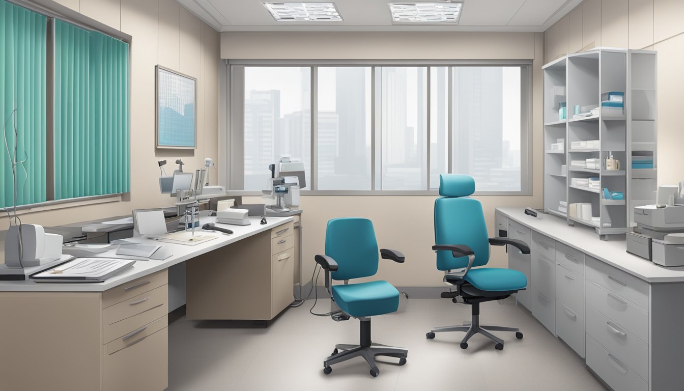 A cardiologist's office at Tan Tock Seng Hospital, with medical equipment and a desk, ready for patient consultations