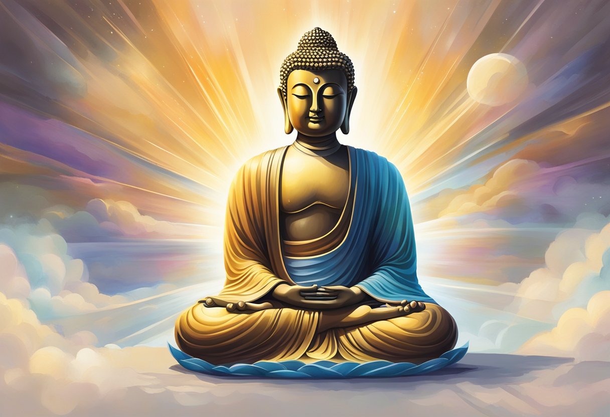 The Buddha sits cross-legged, with a serene expression and closed eyes, surrounded by a radiant aura of light