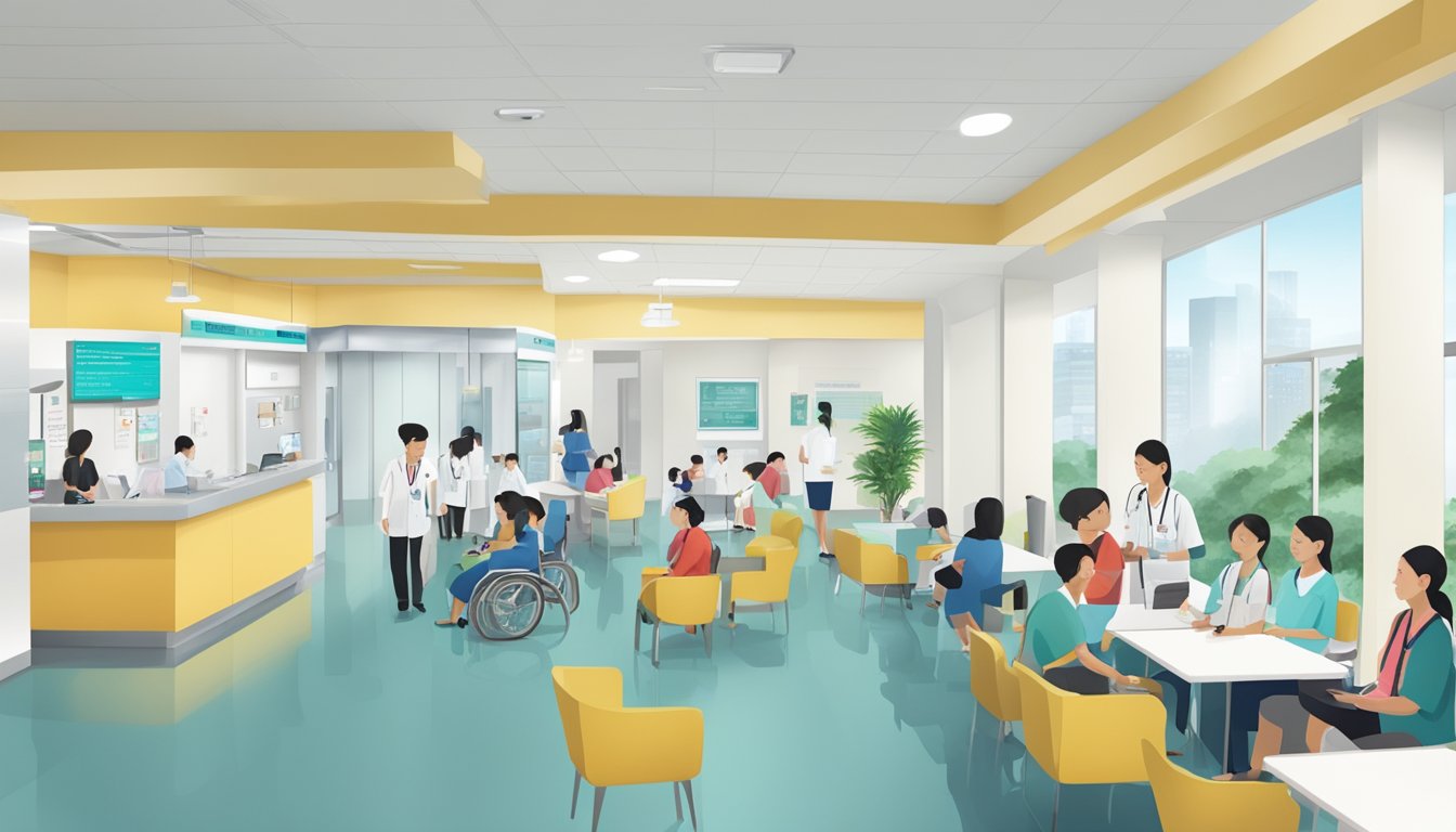 The bustling lobby of Clinic 3A at Tan Tock Seng Hospital, with patients waiting and staff moving efficiently